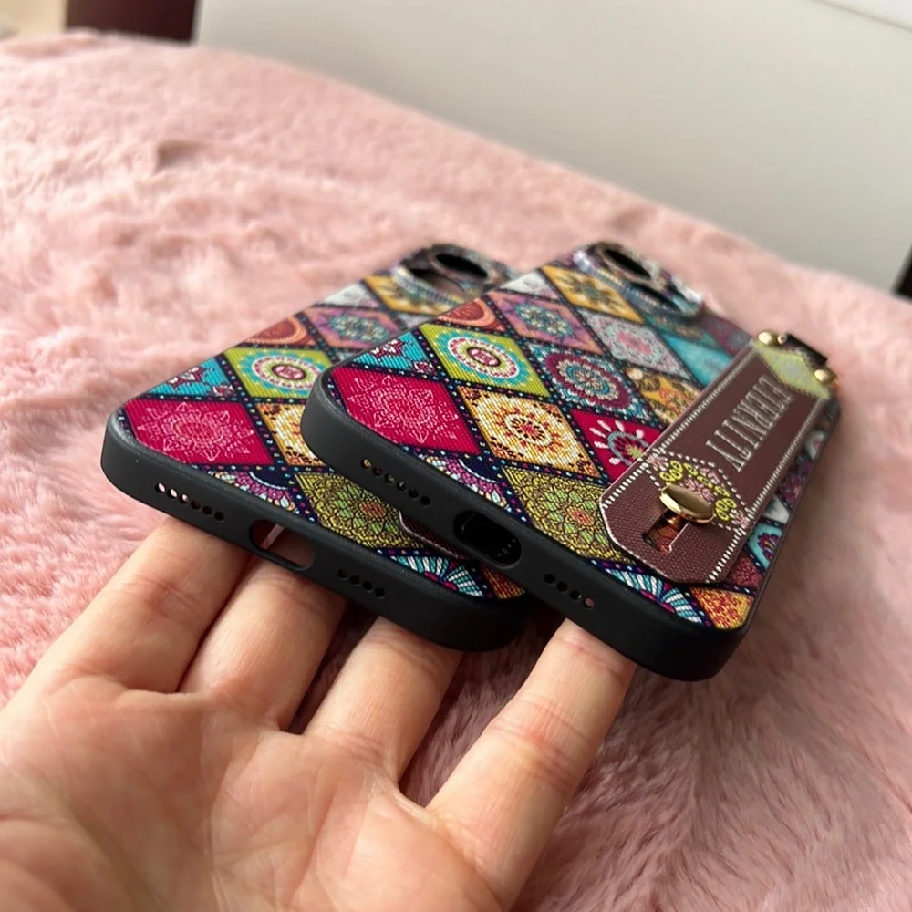 For iPhone 14 plus,14 pro max phone case with wrist strap kickstand keychain
